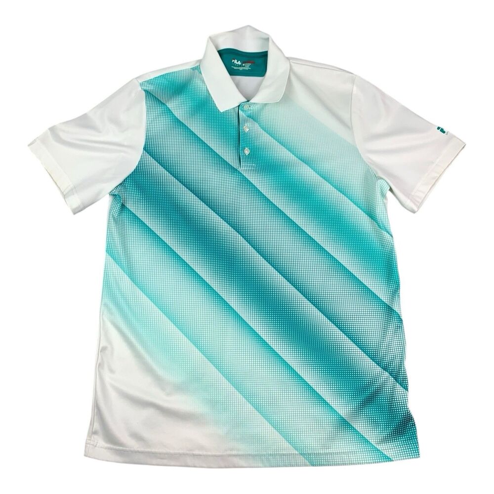 Fils Sport Golf Polo Shirt, Athletic Fit, White w/ Green Check, Men’s Sz Medium